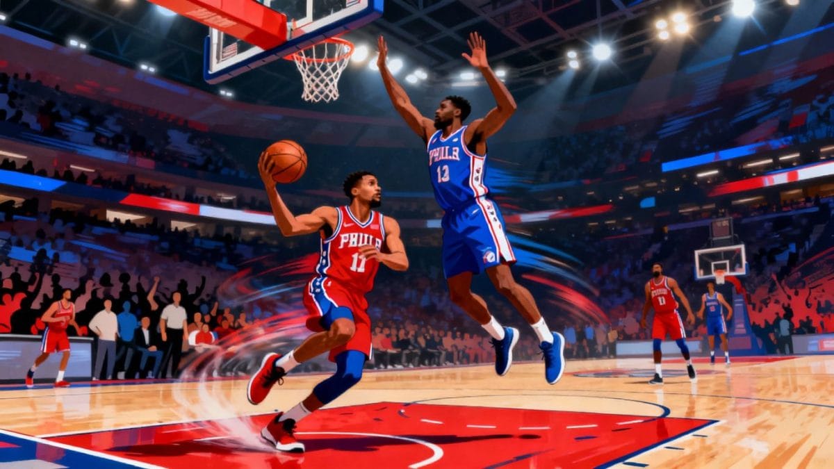 NBA game action on a brightly lit court.