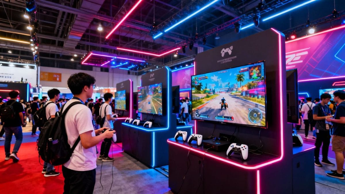 Saudi Arabia gaming expo with futuristic setups and attendees.