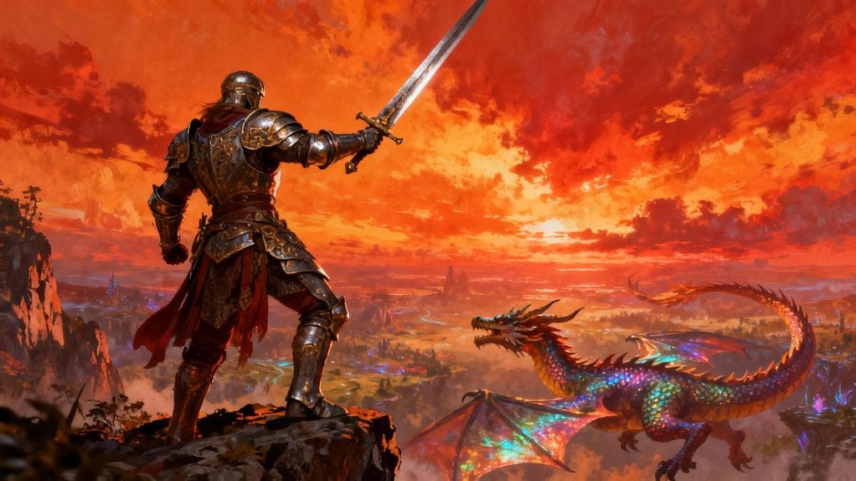 Warrior with sword on cliff overlooking fantasy landscape.
