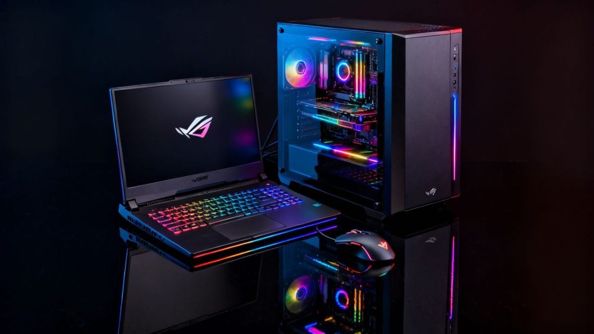 Gaming laptop and desktop PC with RGB lighting.