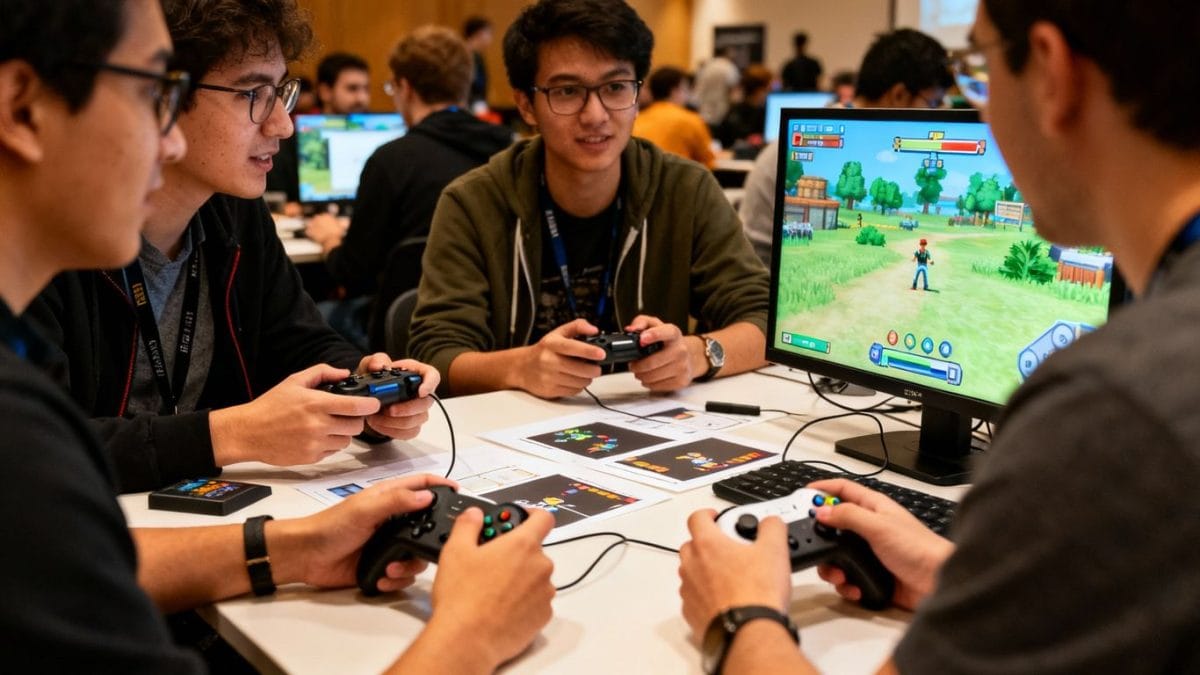 Students and professionals interacting at a game development showcase.