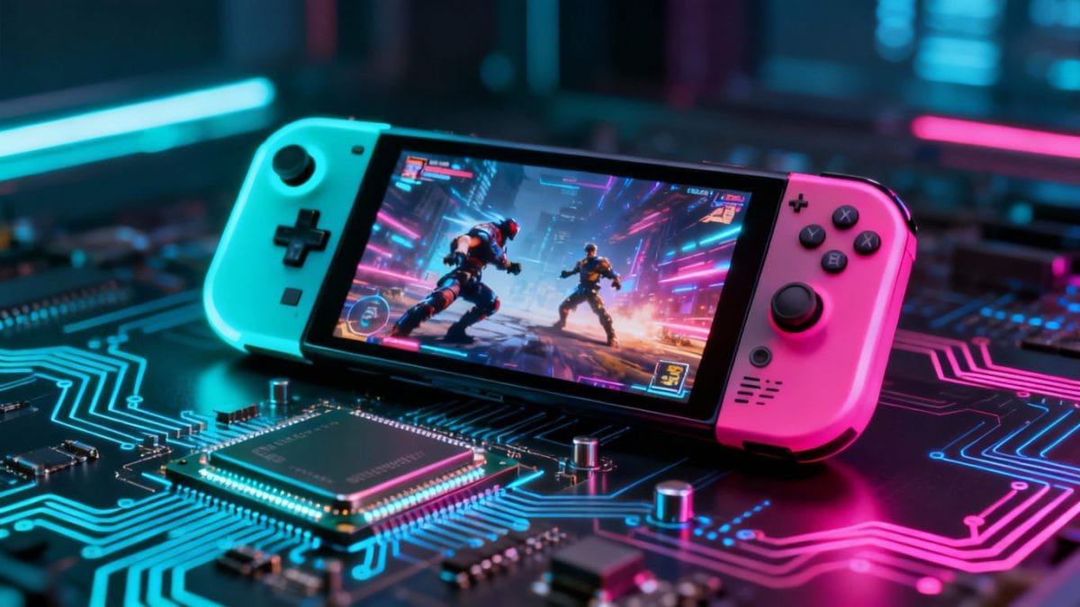 Futuristic handheld gaming consoles with glowing lights and vibrant screens.