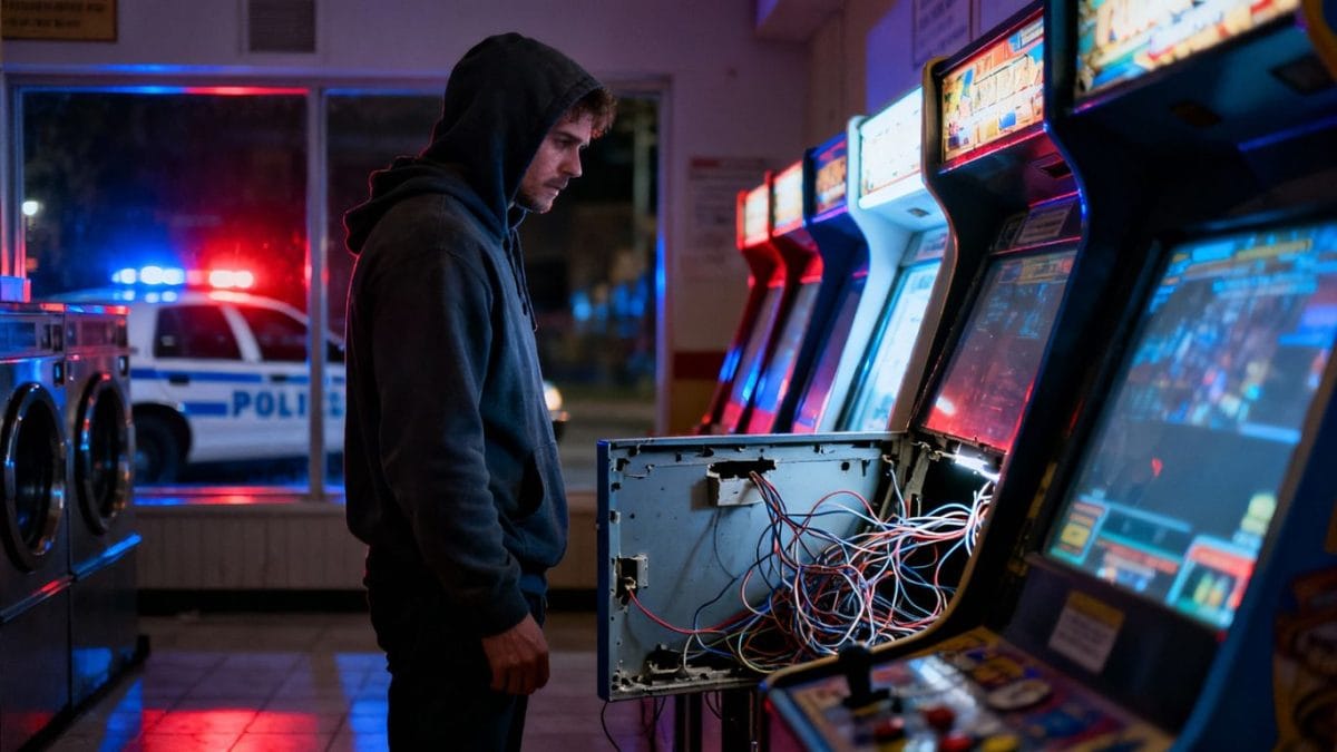 Man arrested for vandalizing laundromat gaming machines.