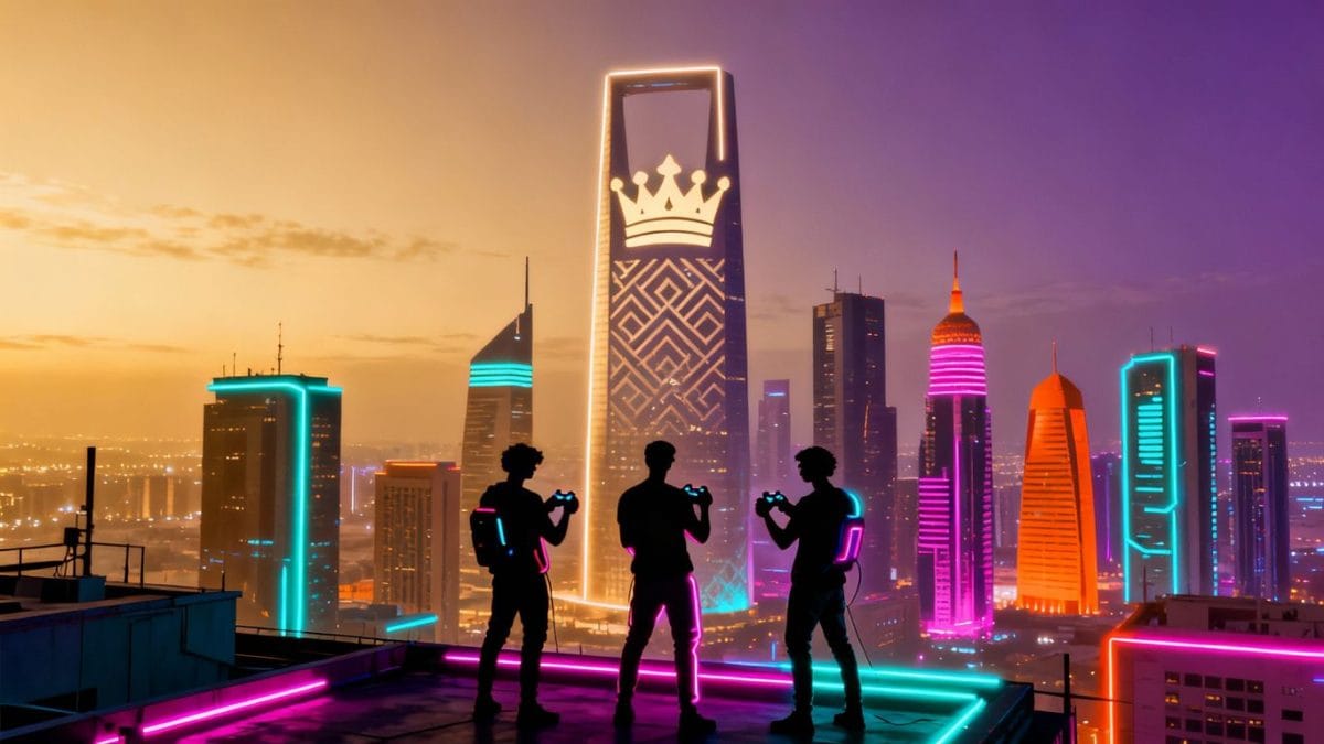 Saudi Arabia's 'Kingdom of Gaming' event with futuristic Riyadh skyline.