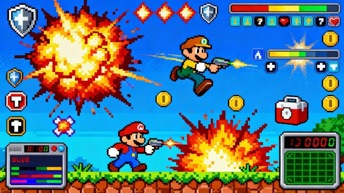 Classic Flash game characters in pixel art style.