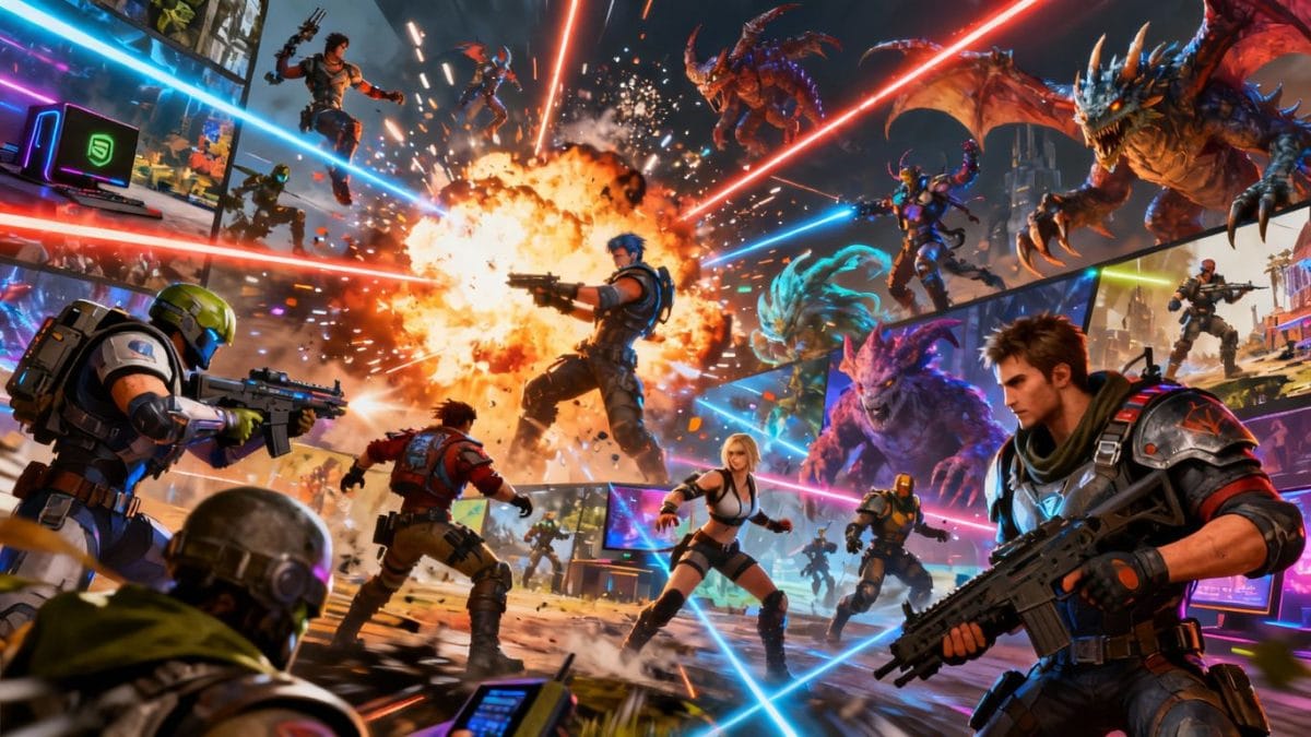 Collage of exciting PC game characters and action scenes.