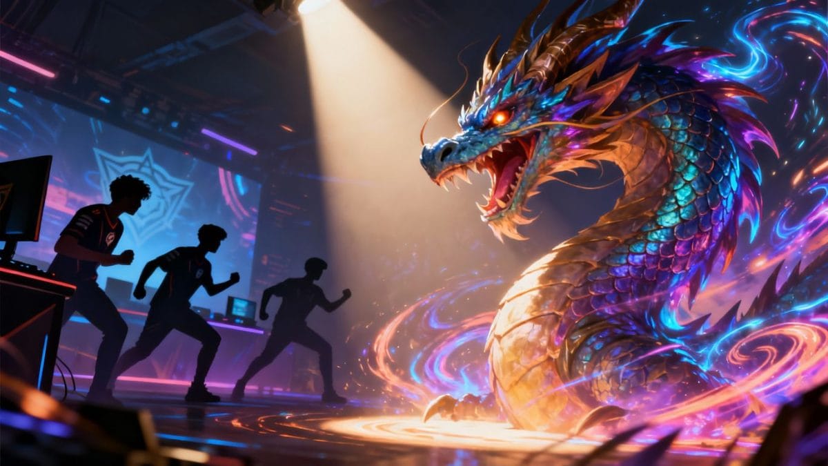 League of Legends champions and dragon in a competitive esports arena.