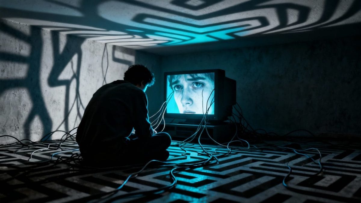 Gamer lost in a maze of wires, distressed.