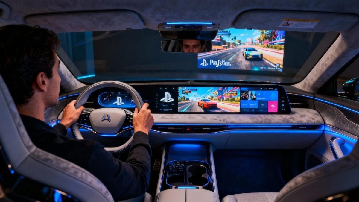 Afeela EV interior with PlayStation game on dashboard.