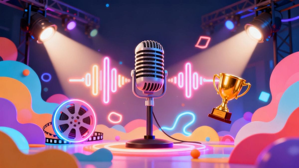 Microphone, film reel, and trophy with sound waves.