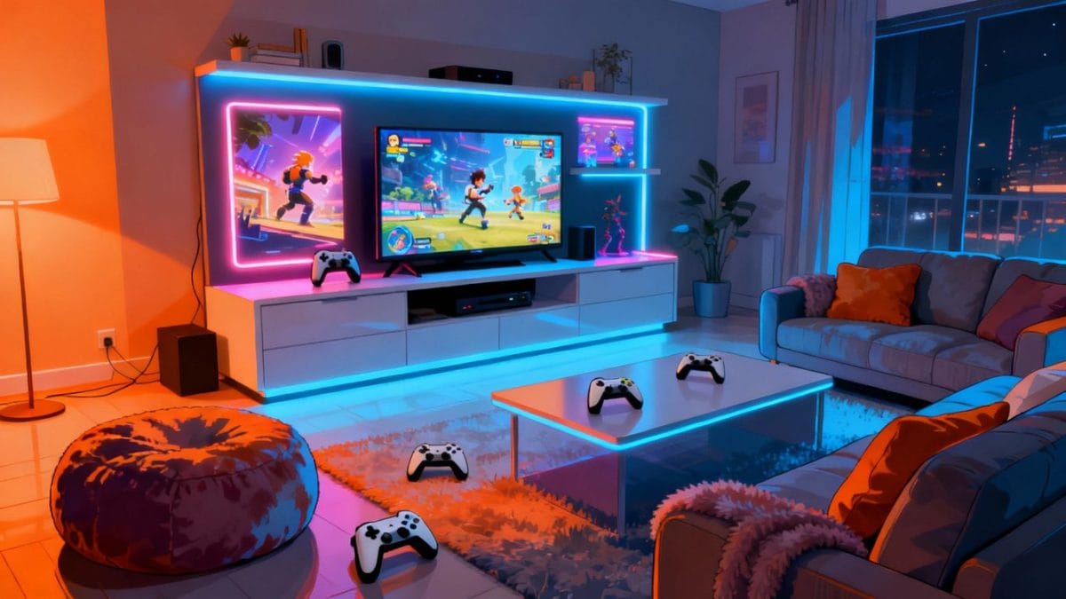Modern entertainment center with glowing screens and game controllers.