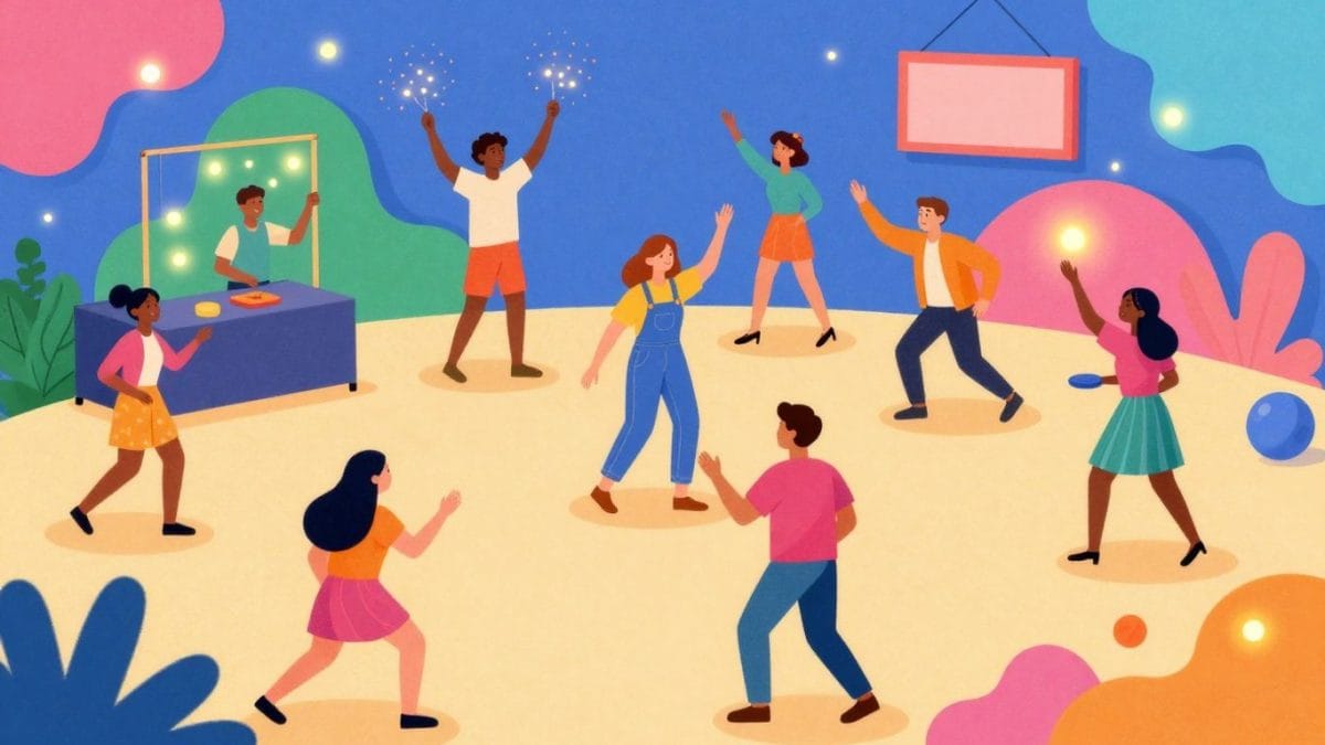 People enjoying diverse entertainment activities in a colorful, game-like setting.