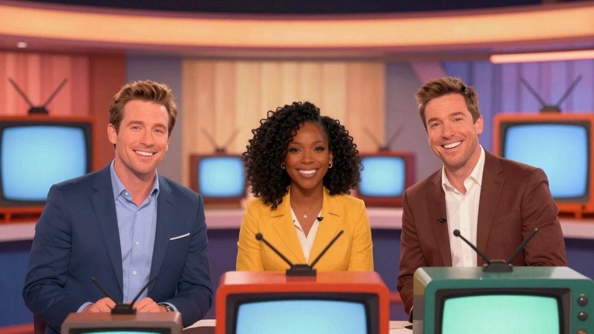Entertainment Tonight hosts smiling together in a studio.