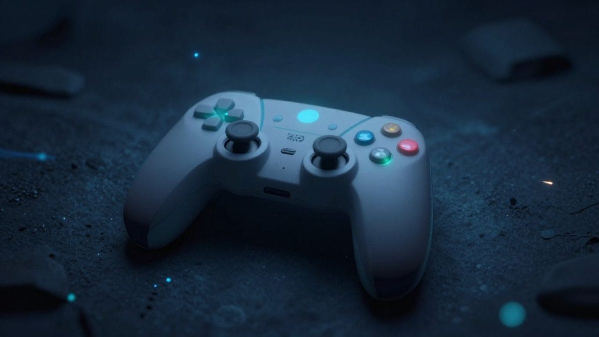 Glowing game controller amidst digital particles, illustrative game art.