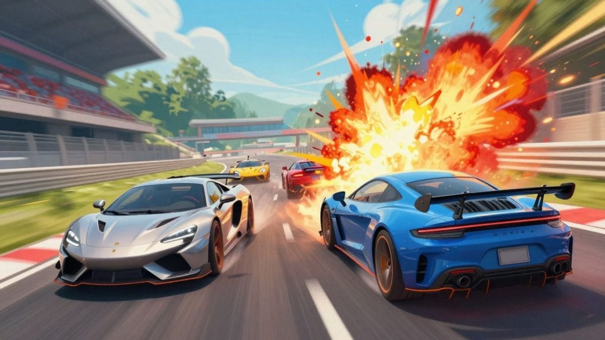 Exciting car driving game scene with fast cars and explosions.
