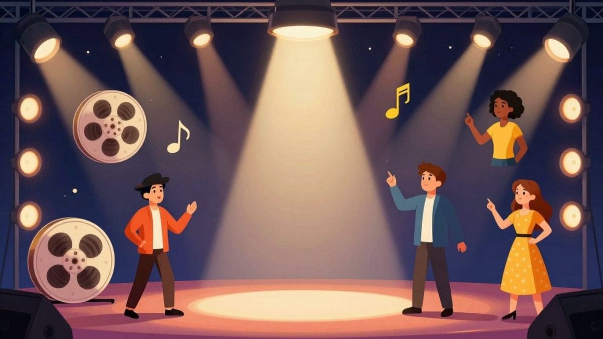 Entertainment icons in a game-like illustration.