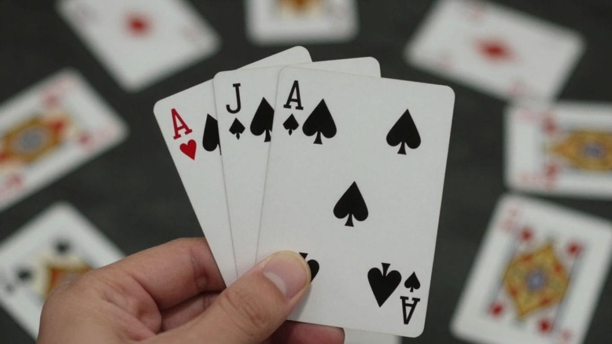 Solitaire game with cards and a hand.