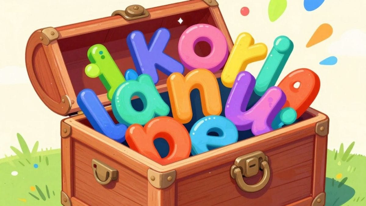Vibrant treasure chest overflowing with sparkling words and shapes.