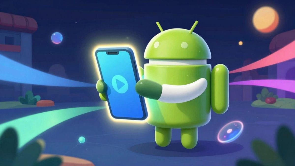 Android robot holding a smartphone with game energy trails.