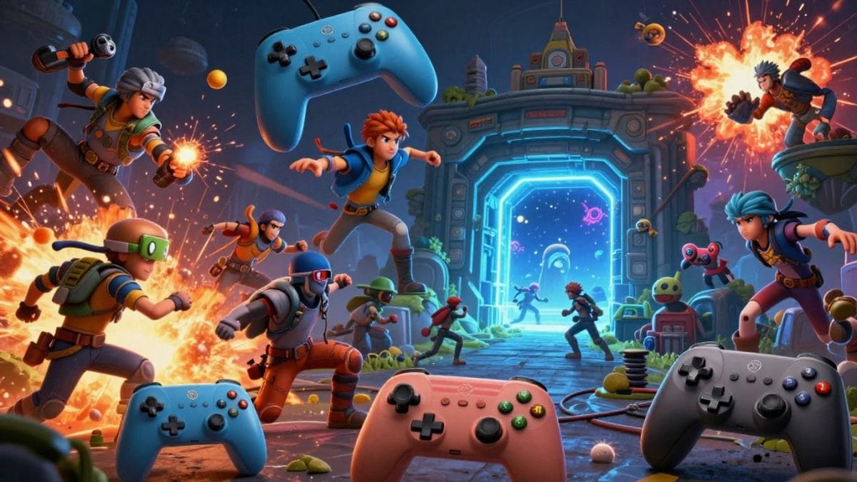 Collage of game characters and controllers for free offline games.