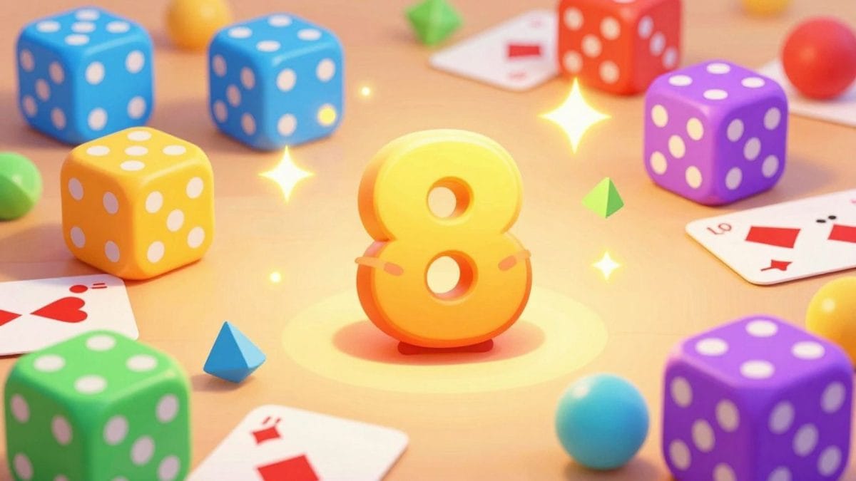 Colorful game pieces and a smiling number character.
