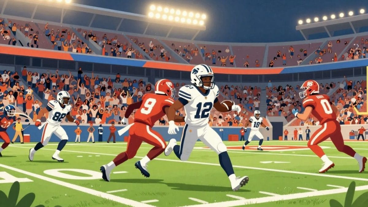 Exciting football game action with cheering crowd and stadium lights.