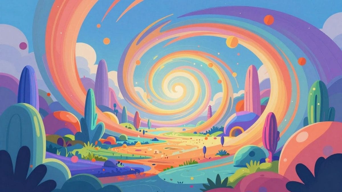 AI art with vibrant colors and fantastical shapes.