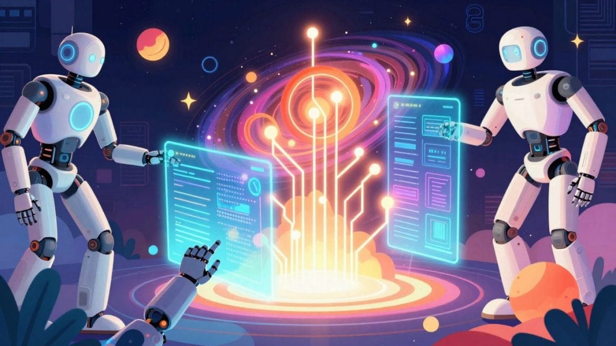 Futuristic AI with glowing circuits and robots.