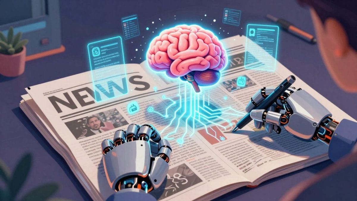 AI newspaper with robotic hands and glowing circuits.