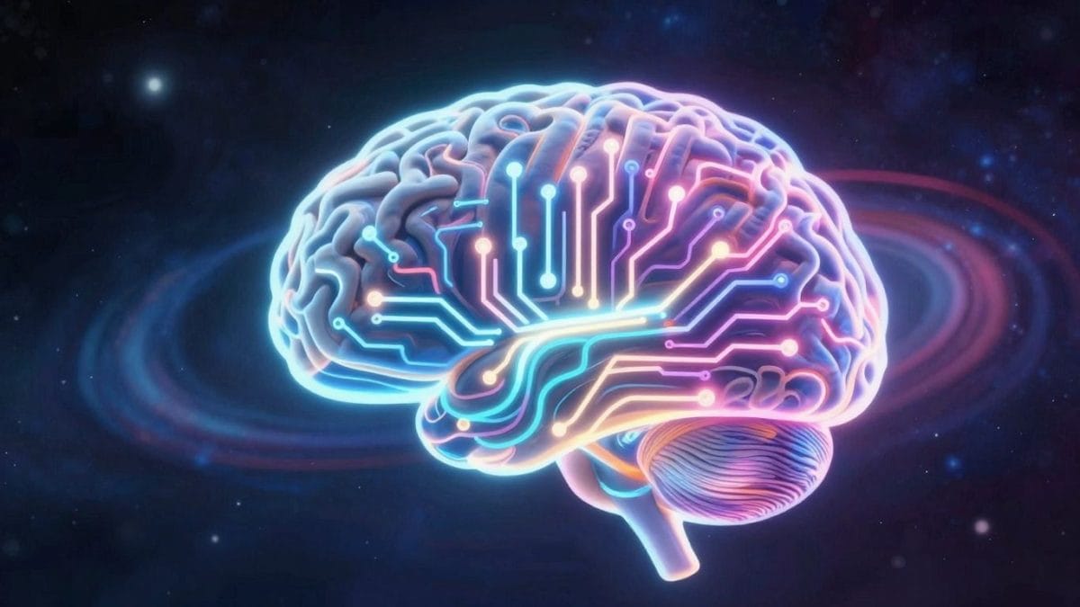 Glowing brain with circuitry, cosmic background, energy tendrils.