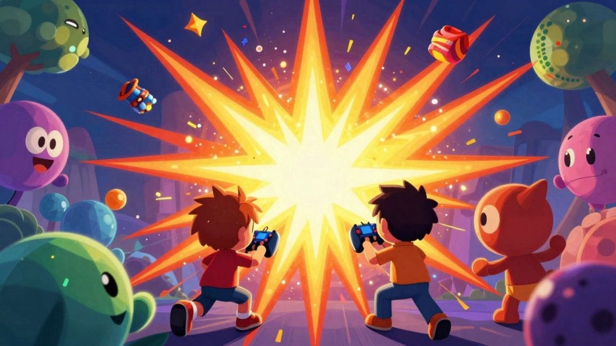 Colorful game characters and explosions for endless fun.