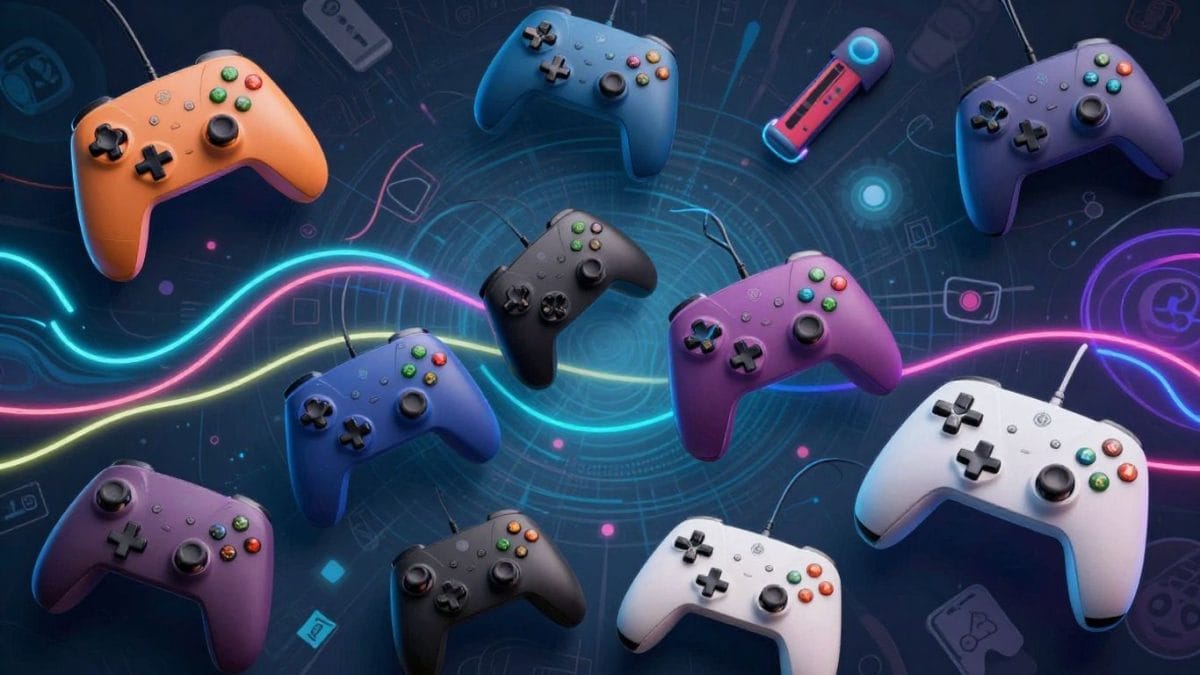Collage of game controllers and digital patterns.
