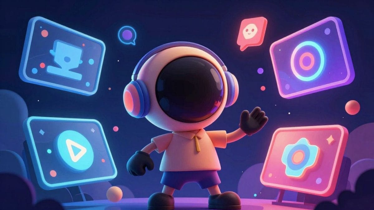 AI character creating video content with glowing elements.