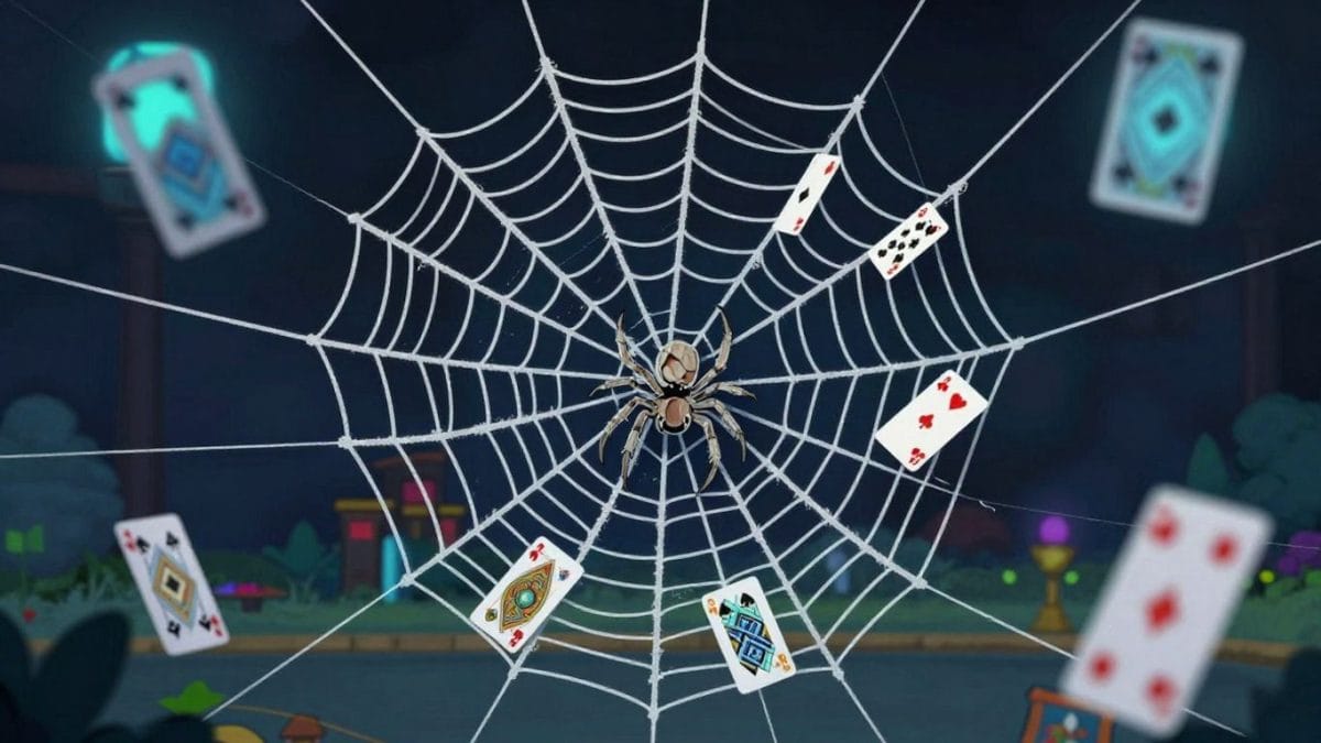 Spider web with playing cards and a stylized spider.