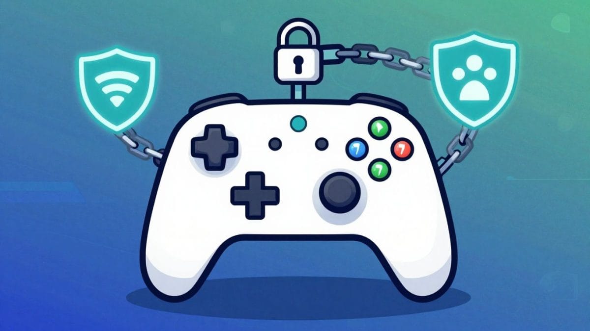 Video game controller with chains and security icons.
