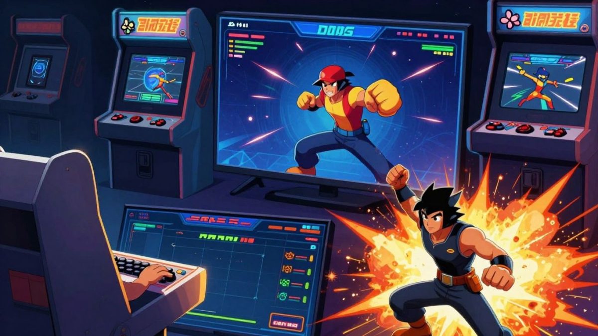 Collage of arcade and online KO fighting games.