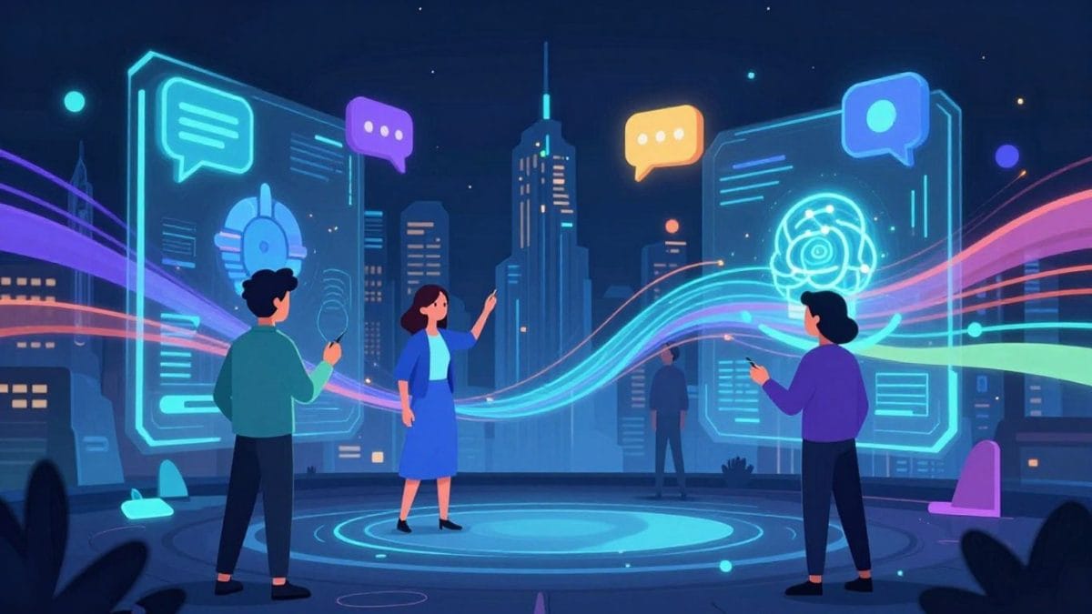 AI chat interfaces with futuristic characters and cityscape.