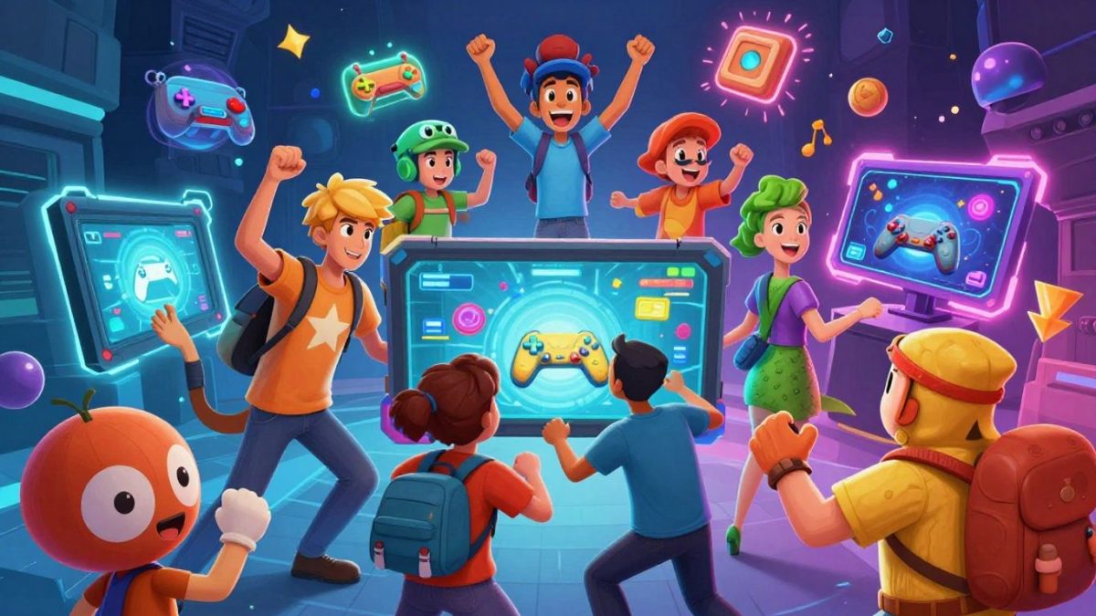 Colorful game interfaces and characters in a fun, illustrative style.