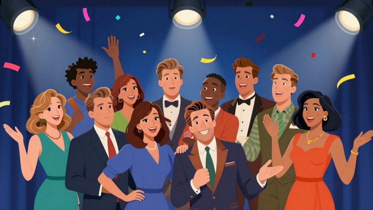 Former Entertainment Tonight hosts in a celebratory, game-like illustration.
