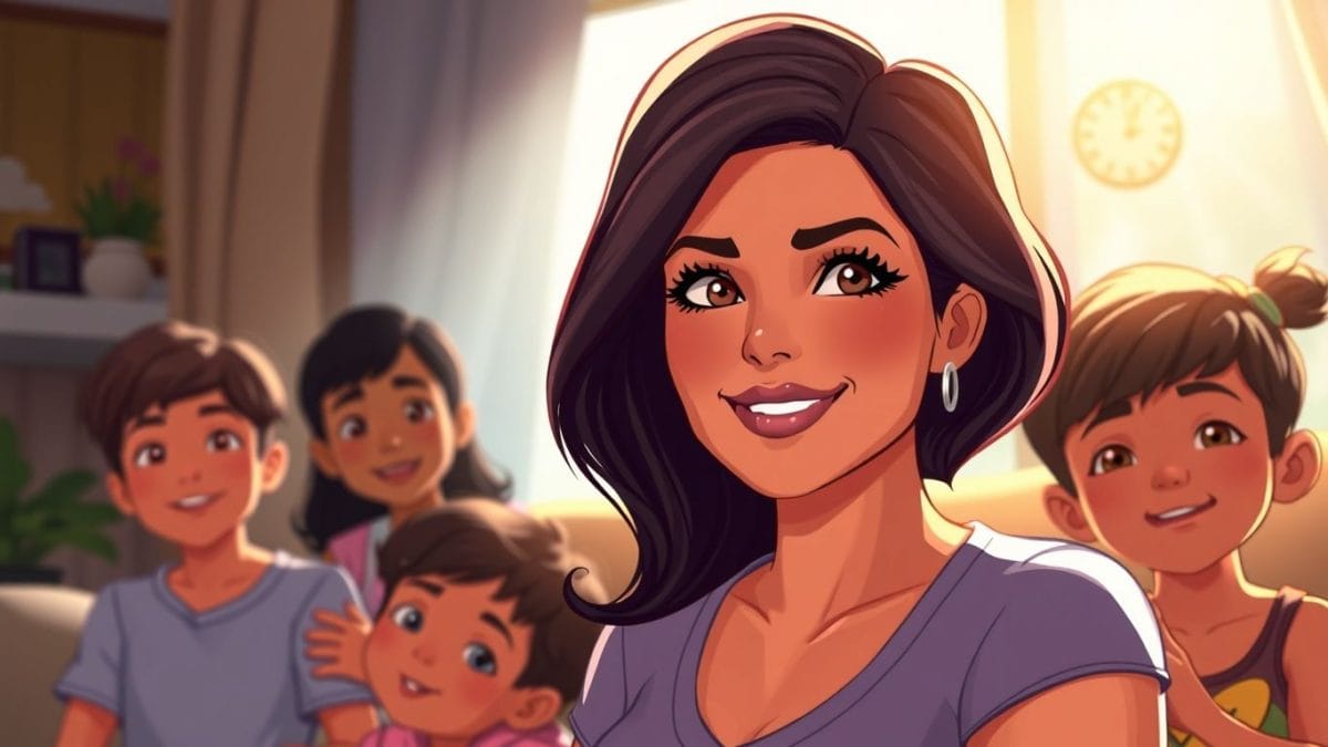 Celebrity mom with children, illustrative game style.