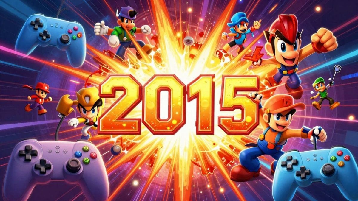 Collage of 2015 video game characters and controllers.