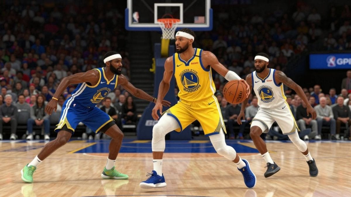 Golden State Warriors basketball game action illustration.