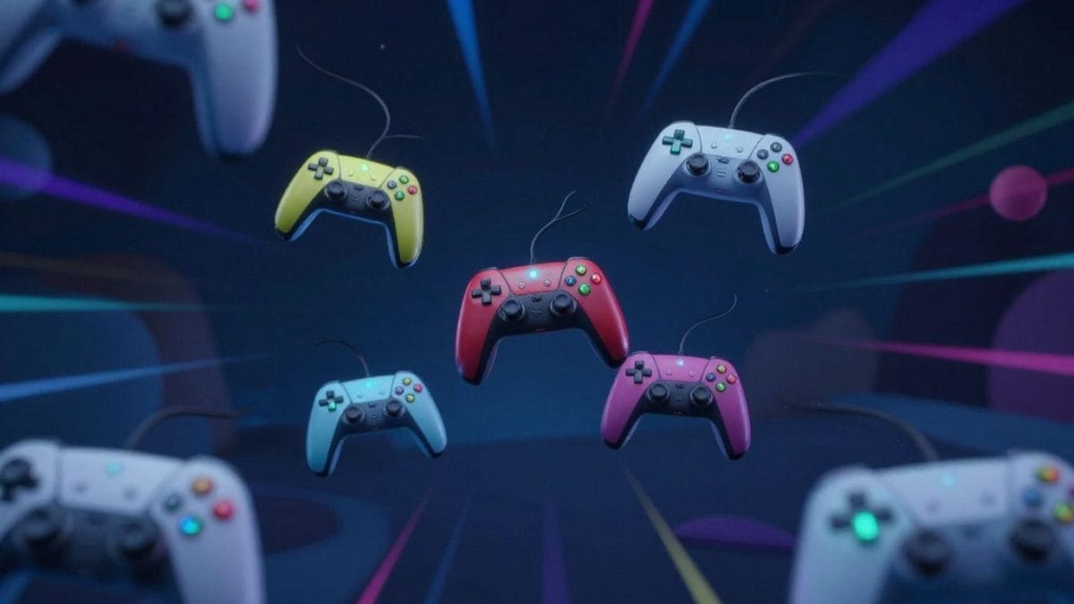 PC game download illustration with controllers and abstract shapes.