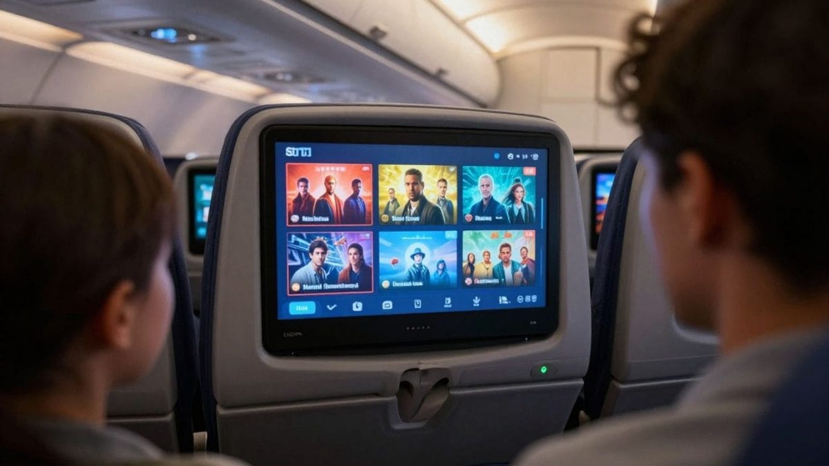 Passenger enjoying futuristic American Airlines inflight entertainment screen.