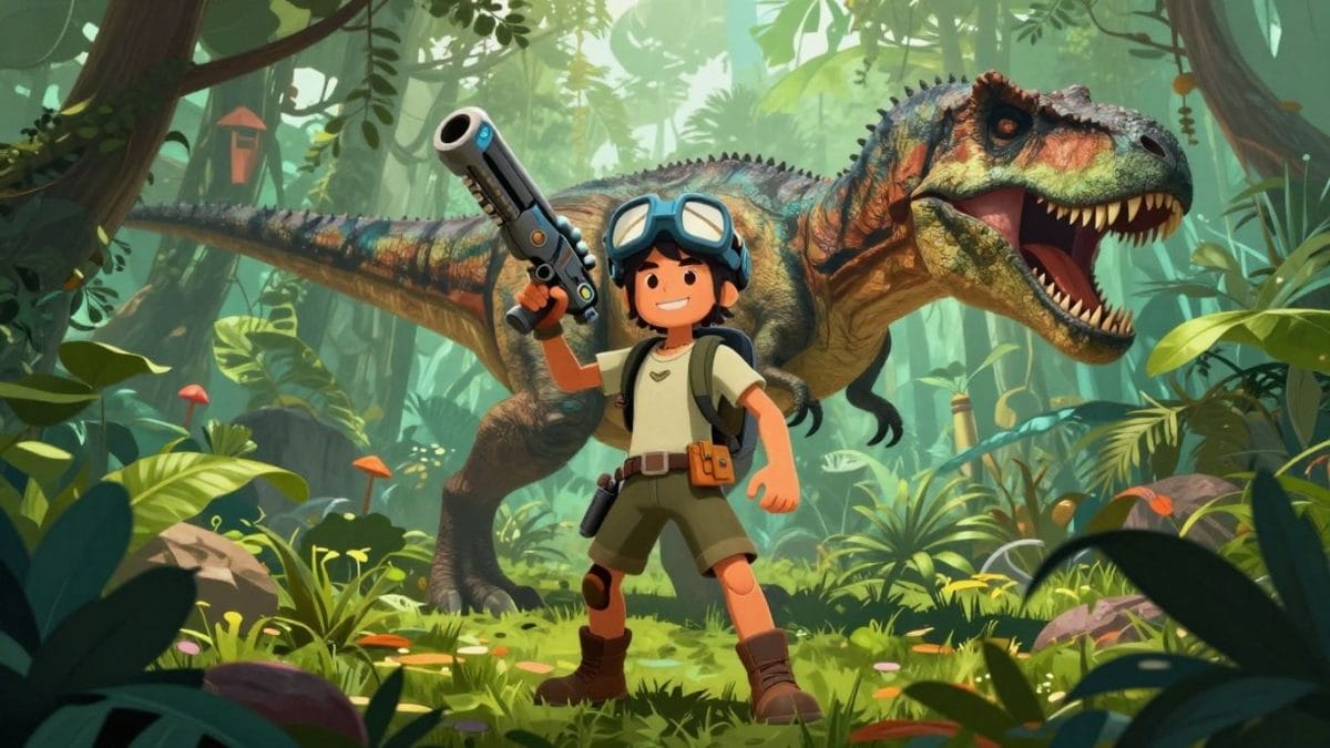 Dinosaur game illustration with player and T-Rex.