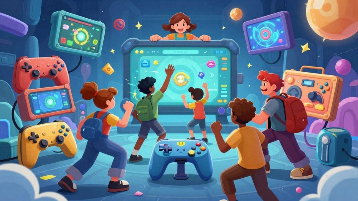Colorful game interfaces and characters in a fun, illustrative style.