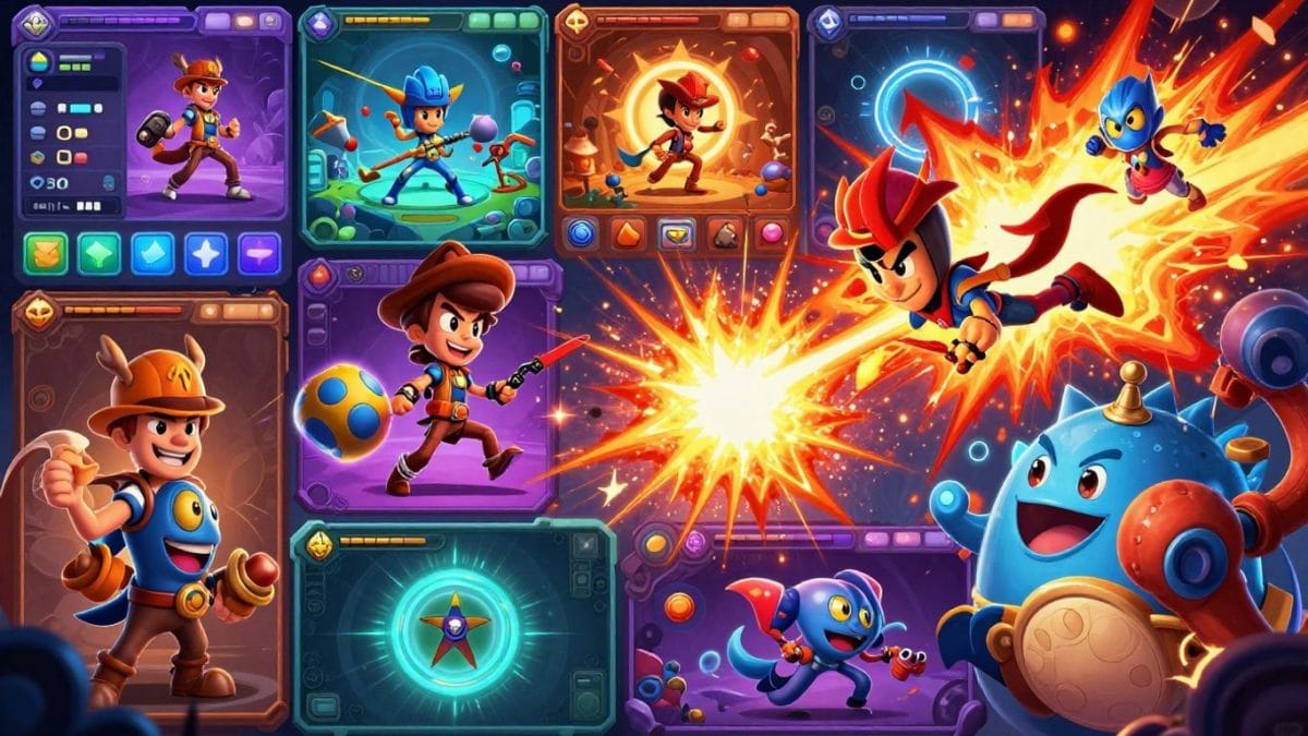 Collage of colorful game interfaces and characters.