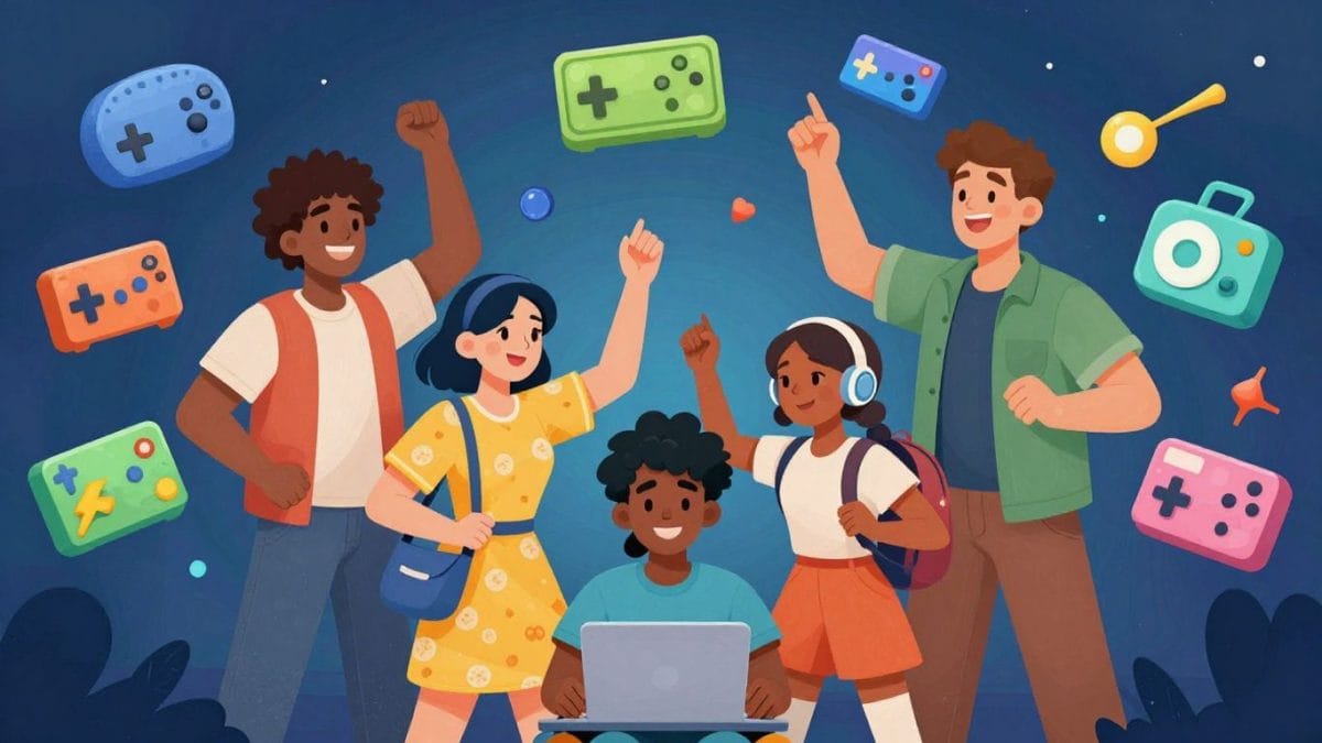 Diverse characters playing free online games in a colorful, energetic playground.