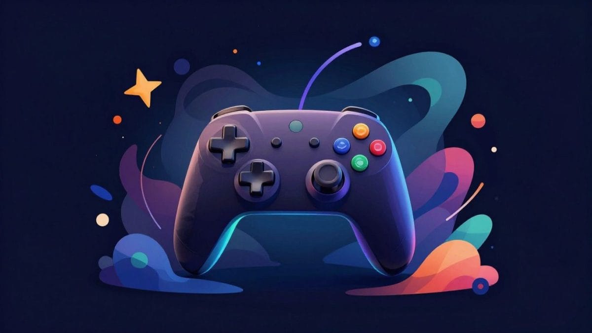 Stylized game controller with abstract, colorful shapes.