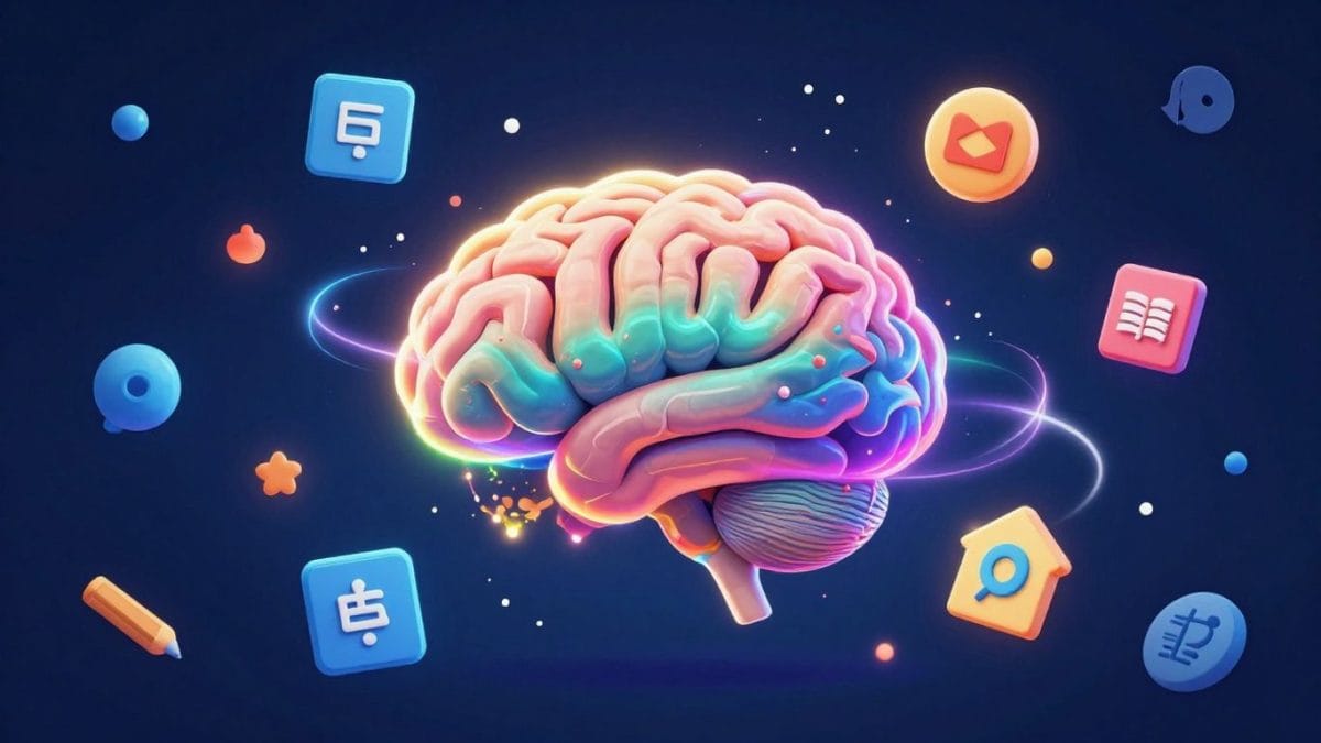 AI impacting education and entertainment with glowing brain.